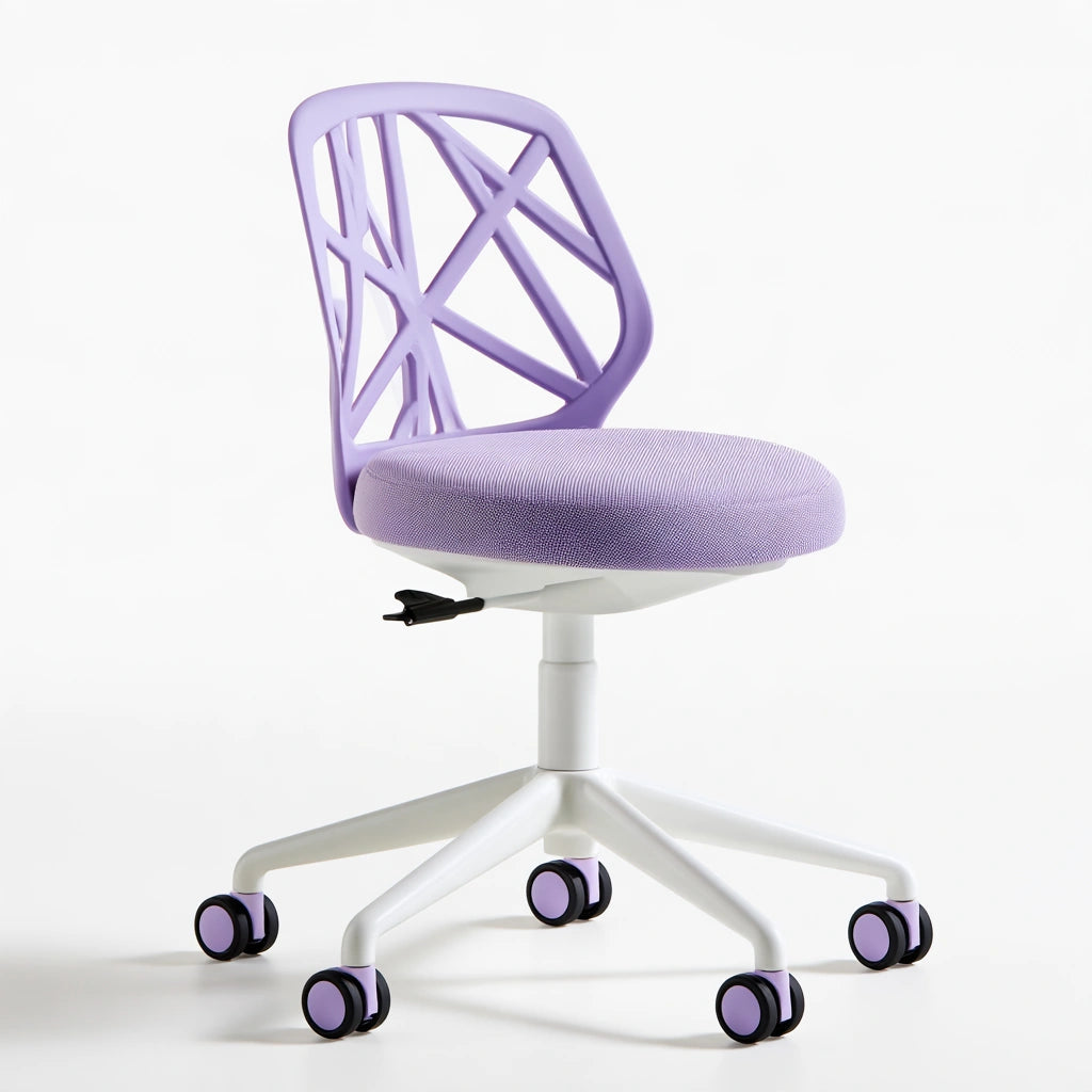 Vibrant purple and white Galvorexo office chair with rolling casters, modern design, ideal for ergonomic home or office workspace.