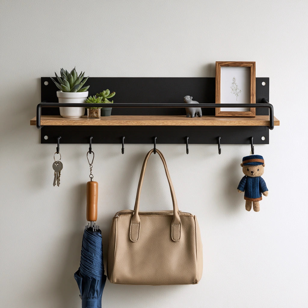 Modern gray wall-mounted key holder and mail organizer from Galvorexo, with hooks and compartments for organization.
