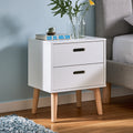 White modern bedside table with two curved drawers, part of Galvorexo bedroom furniture collection.