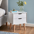 White modern bedside table with two curved drawers, part of Galvorexo bedroom furniture collection.