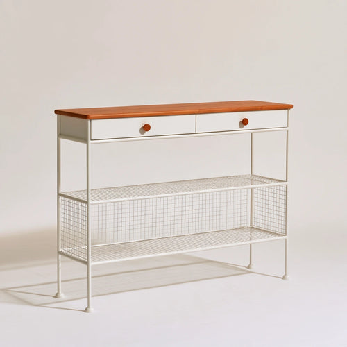 White wooden console table with a metal frame, designed for hallways, by Galvorexo, featuring a sleek modern style.