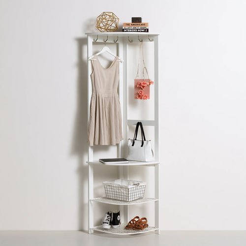 Modern white corner hall tree from Galvorexo, featuring hooks and shelves for hallway organization, against a plain white background.