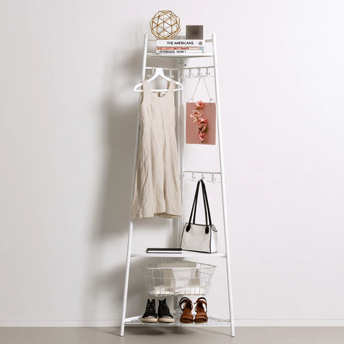 Modern white corner hall tree by Galvorexo, featuring hooks and shelves, standing against a plain white background.