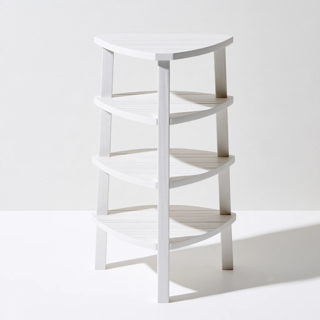 White modern corner shelving unit by Galvorexo for stylish storage; sleek design against plain white background.