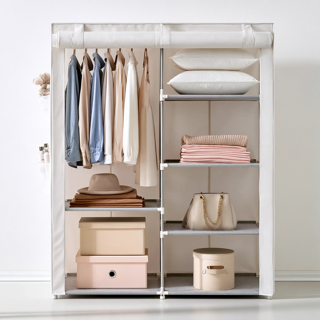 White fabric wardrobe from Galvorexo, a portable storage closet standing against a plain background.