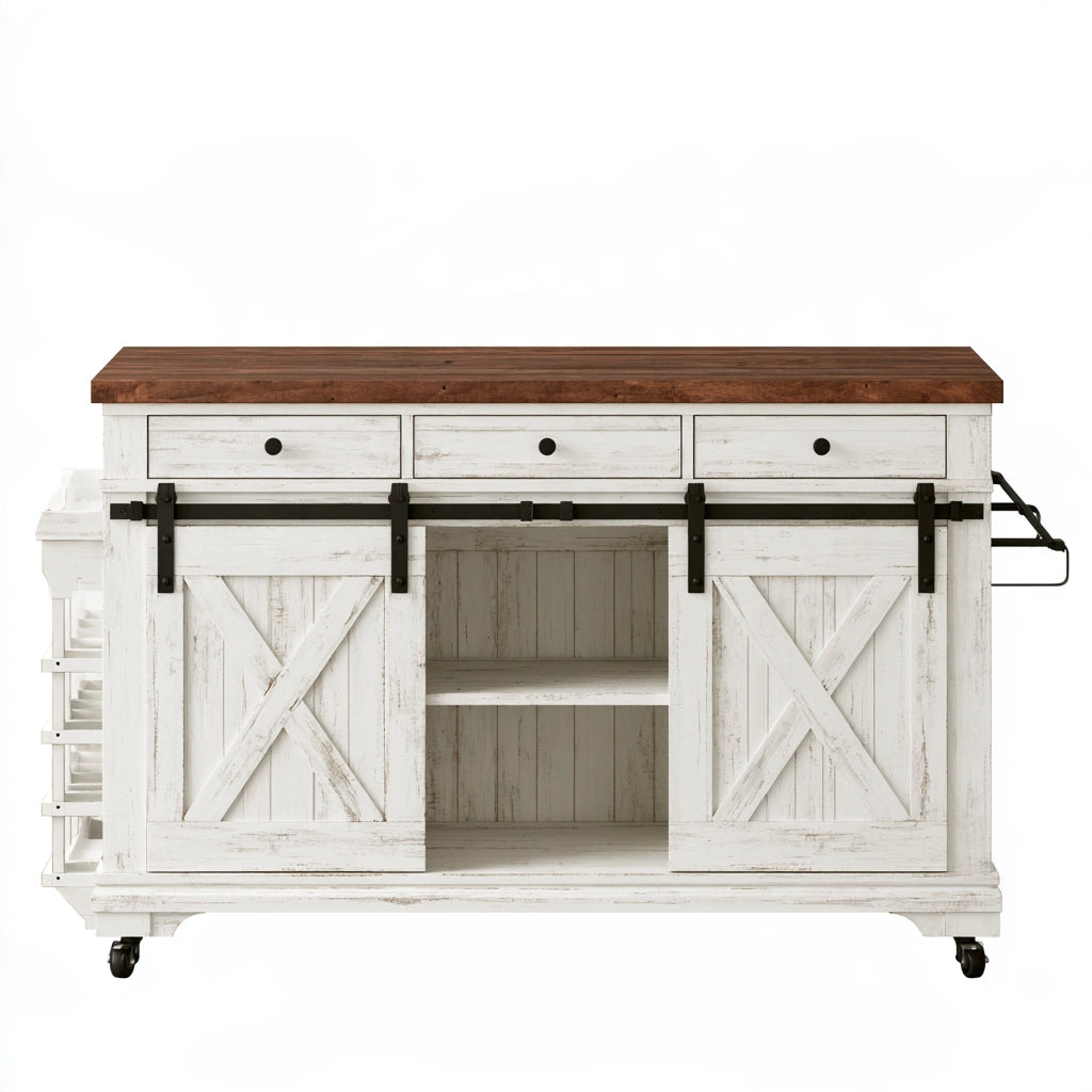 White modern mobile kitchen island with wheels and farmhouse style design, part of Galvorexo's kitchen and bar furniture collection.