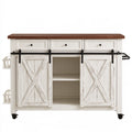 White modern mobile kitchen island with wheels, farmhouse style, featuring a spacious countertop and storage shelves, by Galvorexo.