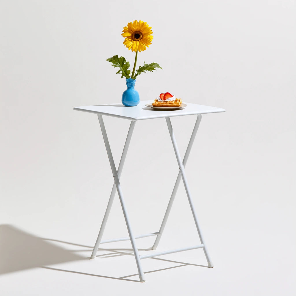 White folding bar table with square top, modern design, compact and versatile for kitchen or bar spaces.